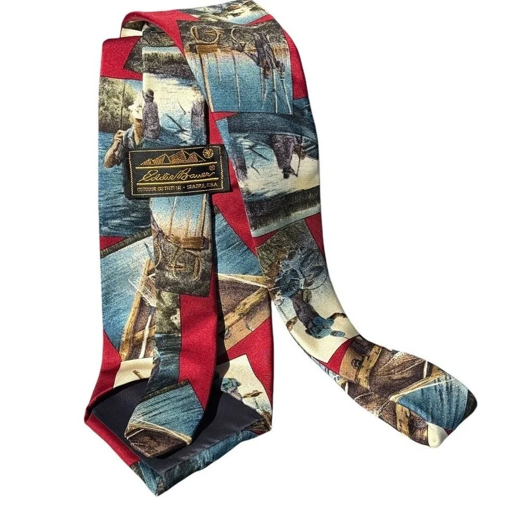 Vintage Eddie‎ Bauer 100% Silk Neck Tie Fisherman Made in USA